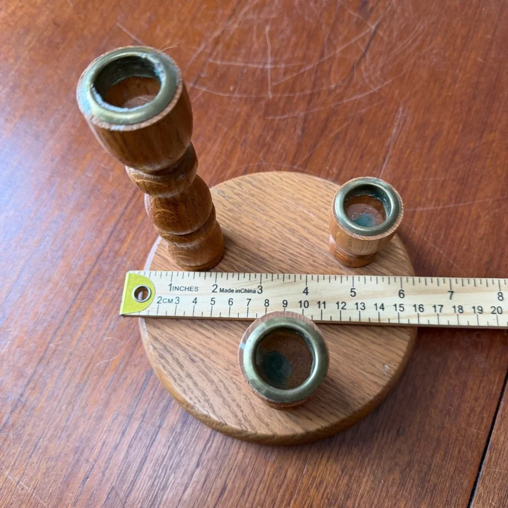 NativeWood Ozark Harvest Oak Triple Taper Candle Holder Candelabra Brass Cups